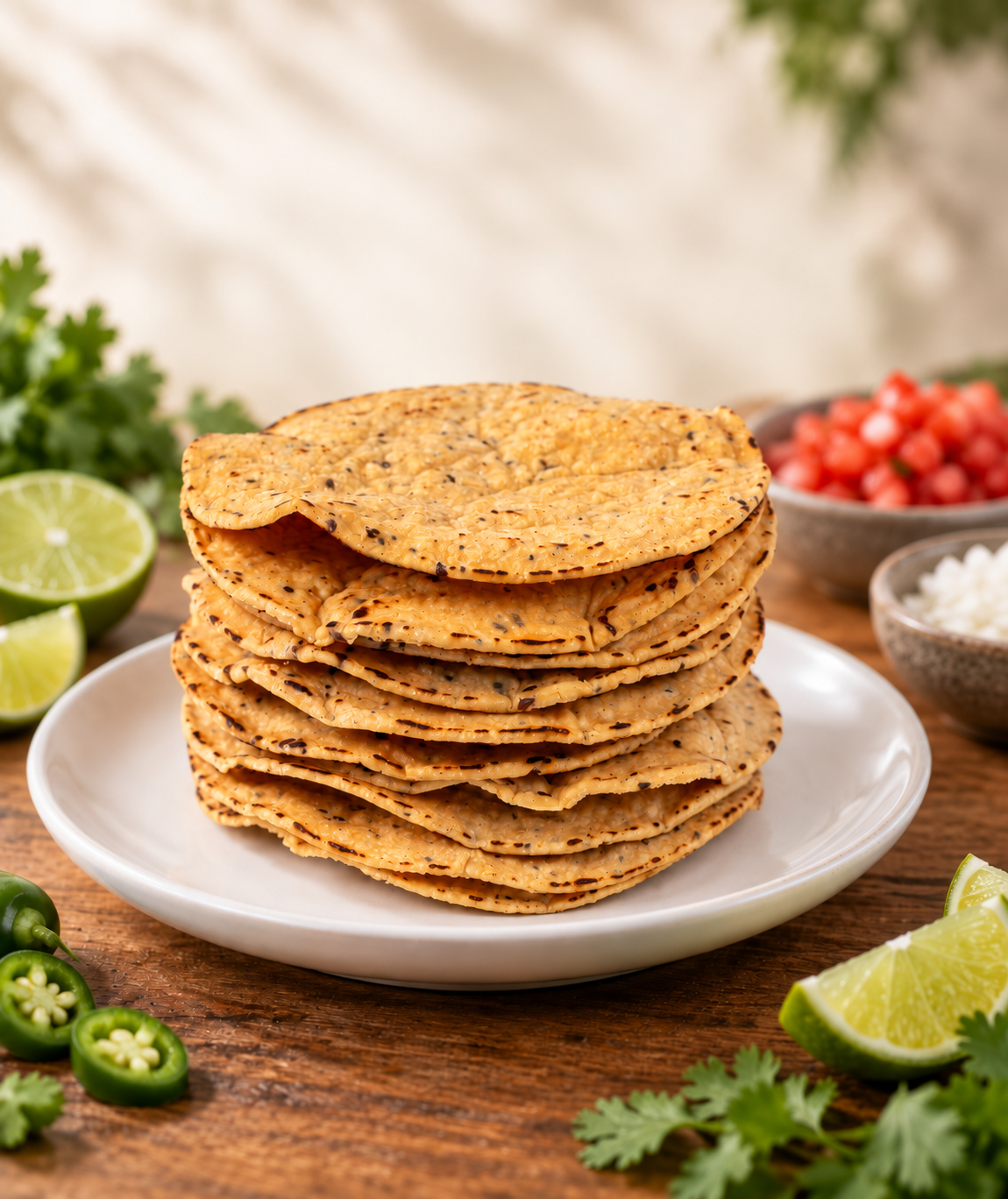 Tostadas horneadas Rancho Las Jaras acompañadas de limón y chile